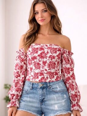 Fashion Boutique Off-Shoulder Floral Print Blouse in Red and White